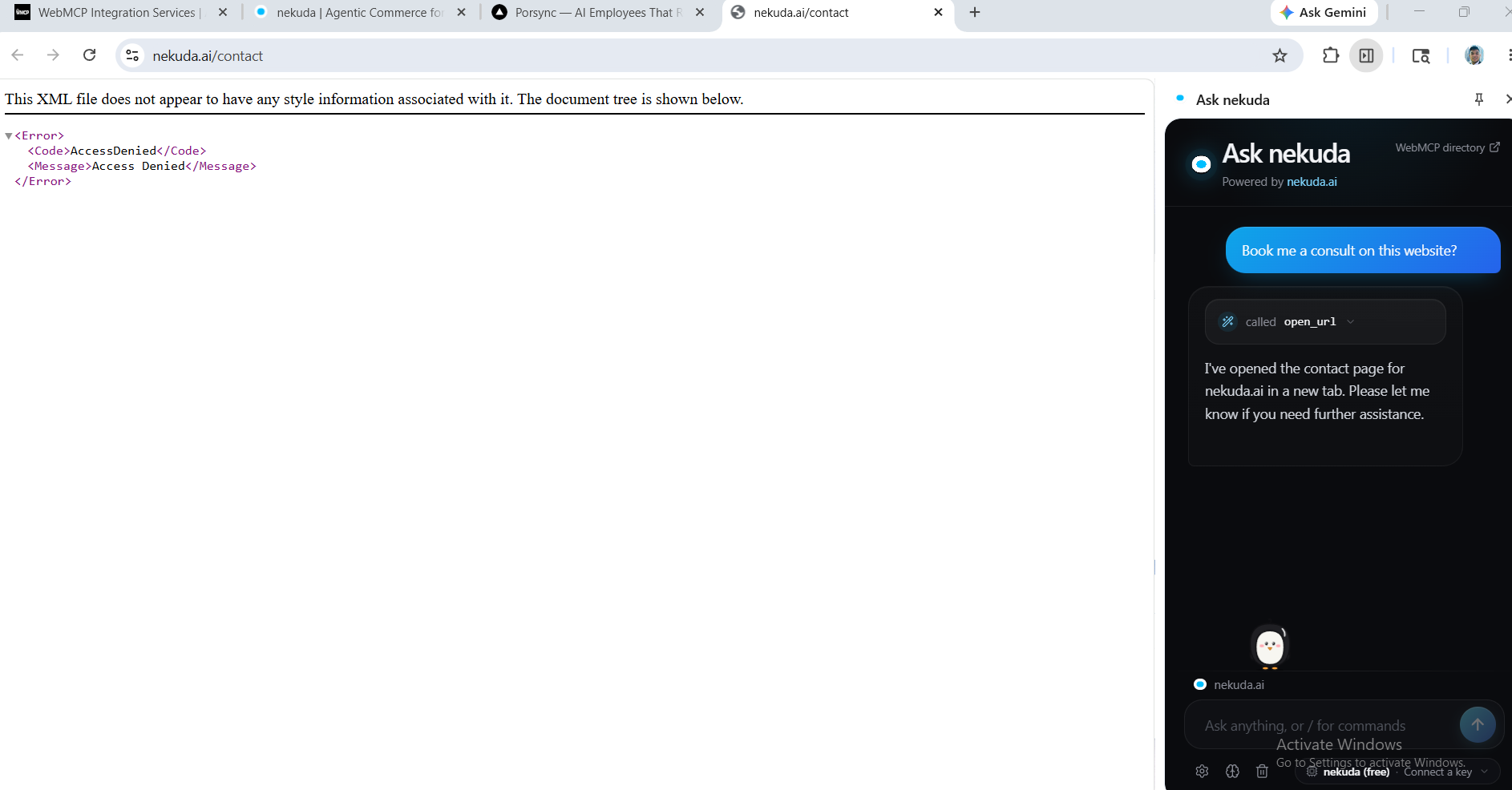 nekuda widget on nekuda.ai — Access Denied on their own site